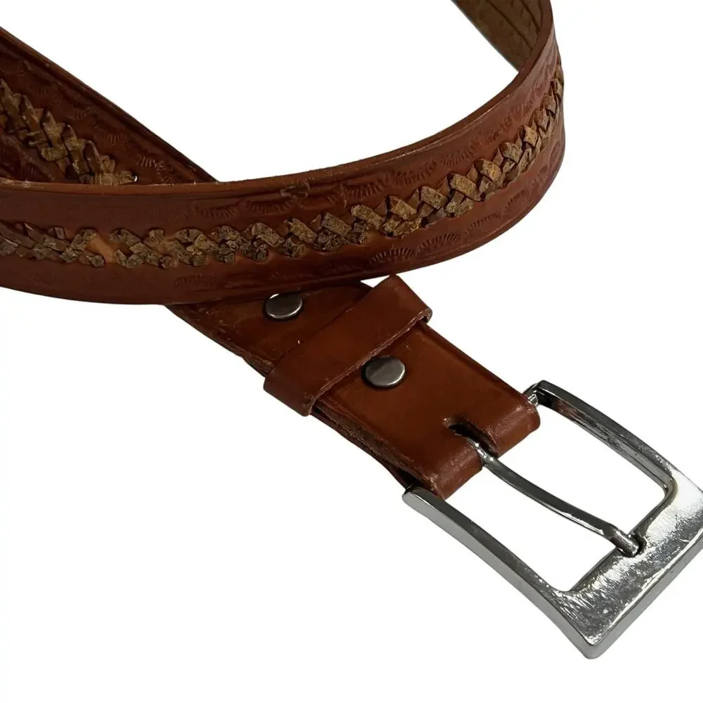 Cindilo Mens Tooled Leather Belt Size 42 Brown Braided Western Made in Mexico